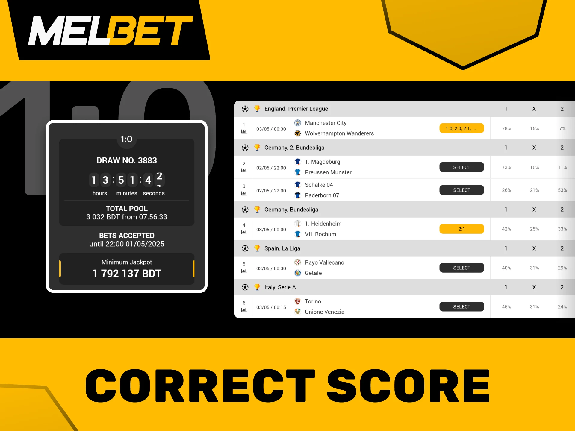Try forecasting the exact final scores of sporting events with Melbet Toto.