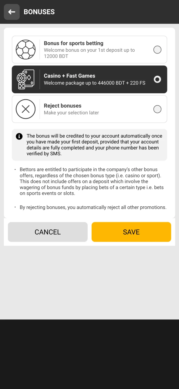 Choose the bonus you want to use at Melbet.
