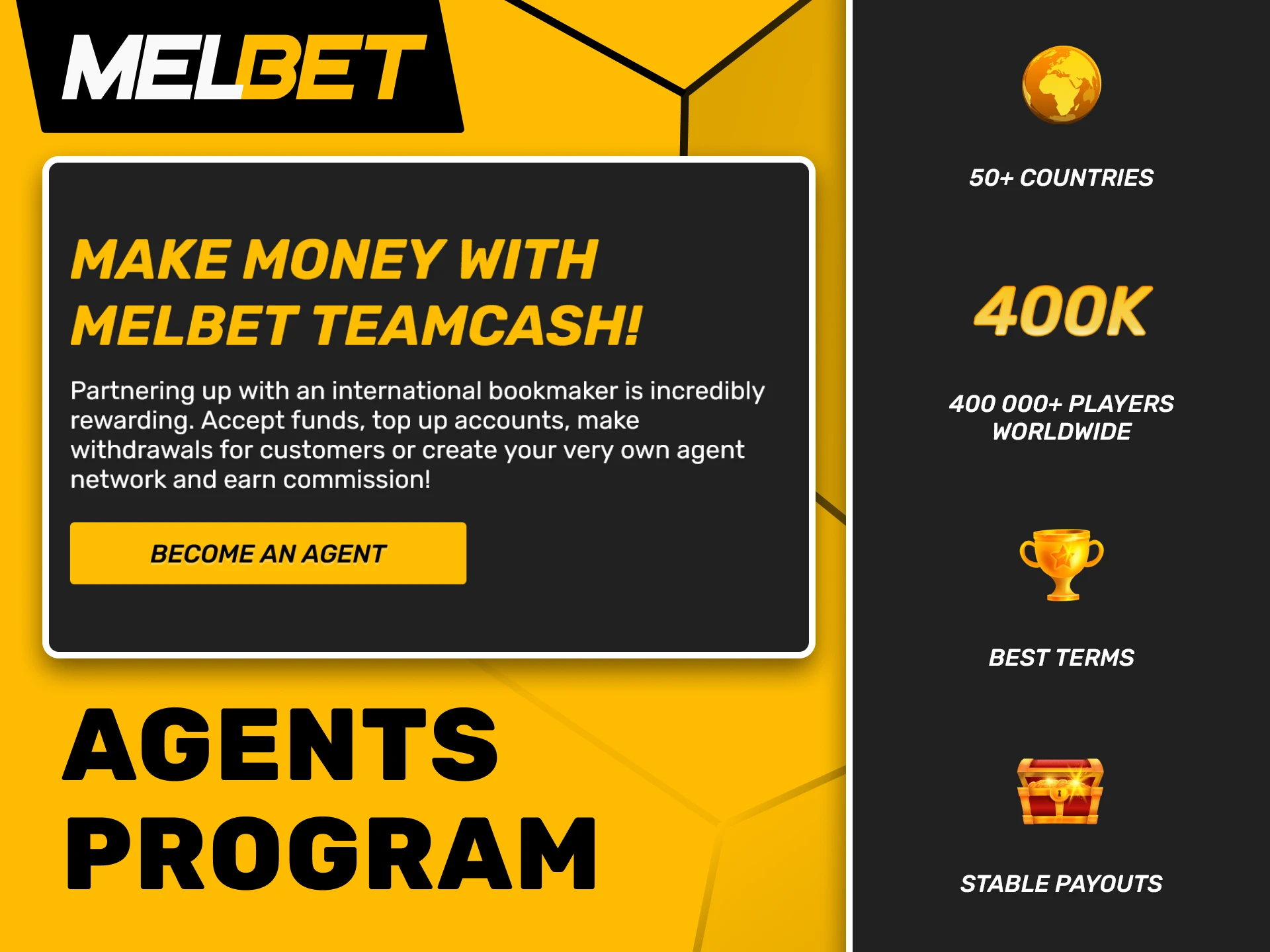 Start making money with the Melbet Cash Agent Program.