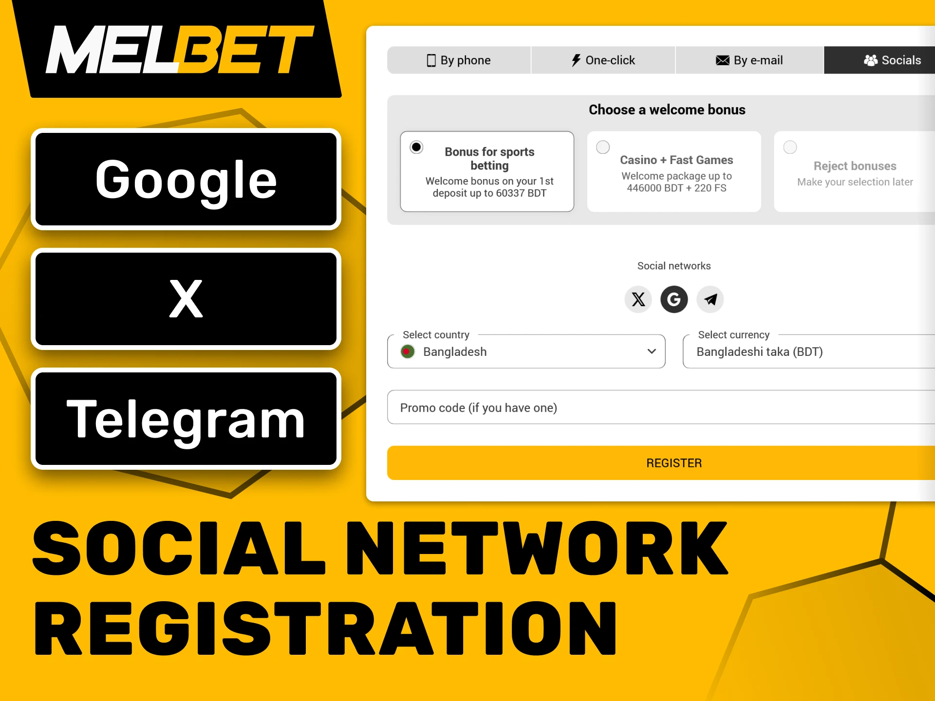 Register at Melbet using your social network accounts.