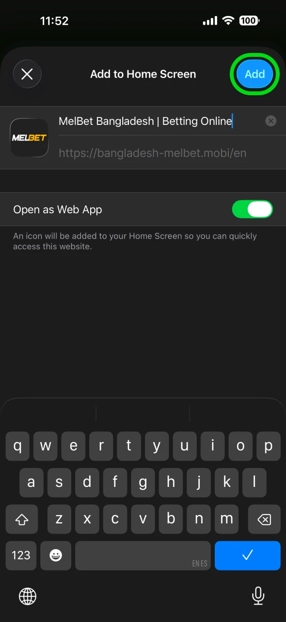 Confirm the Melbet shortcut name and press Add button.